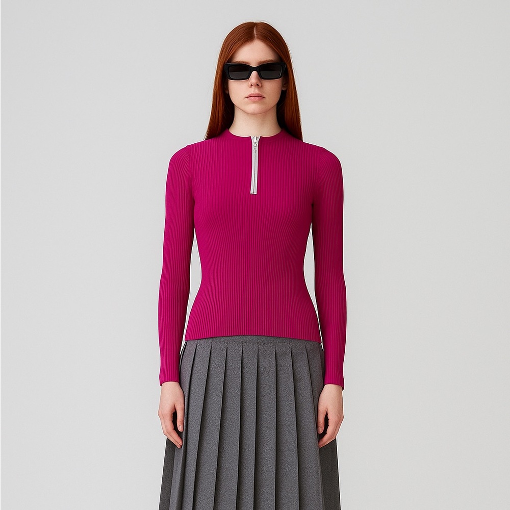 SUNNEI Fuchsia Stretch‎ Micro Rib Knit Long Sleeve Zip Crewneck Slim Fit Top XS